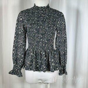 Flawless Floral Smocked Peplum Top Small S Black